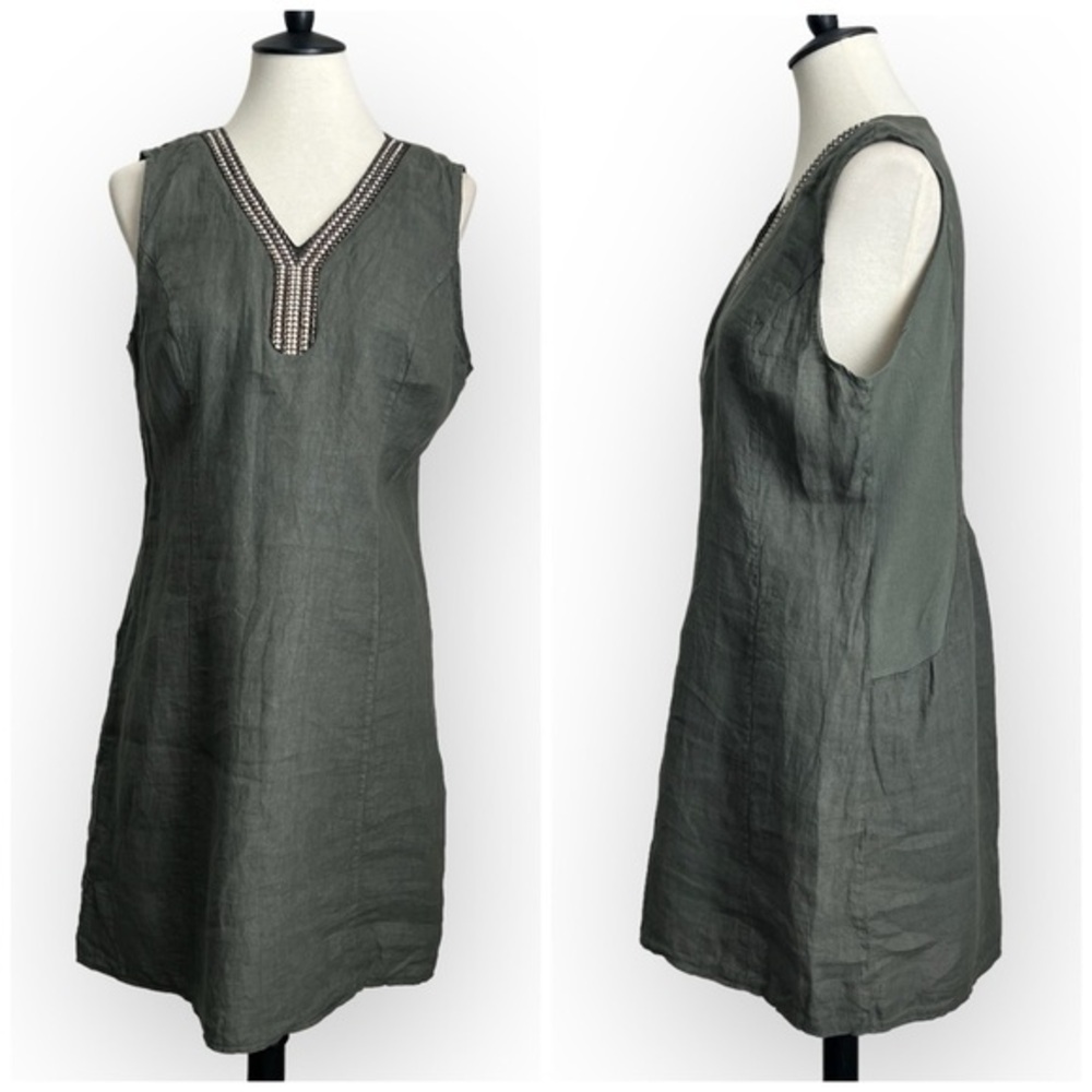 Lina Tomei Sleeveless Linen Dress Summer Italy Beaded Trim Ribbed Sides Sz L NEW